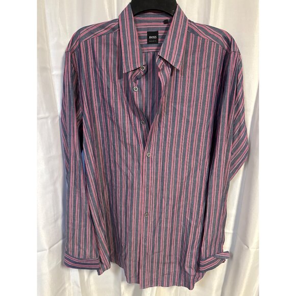 Hugo Boss Mens Blue/Pink Striped Long Sleeve Button-Up Shirt Large - Picture 1 of 6